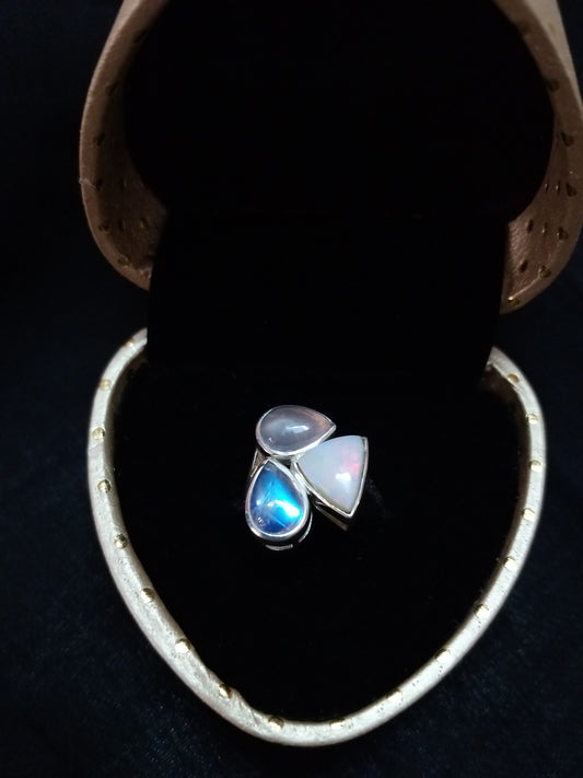 Natural Opal, Rainbow Moonstone and Rose Quartz Gemstones Ring