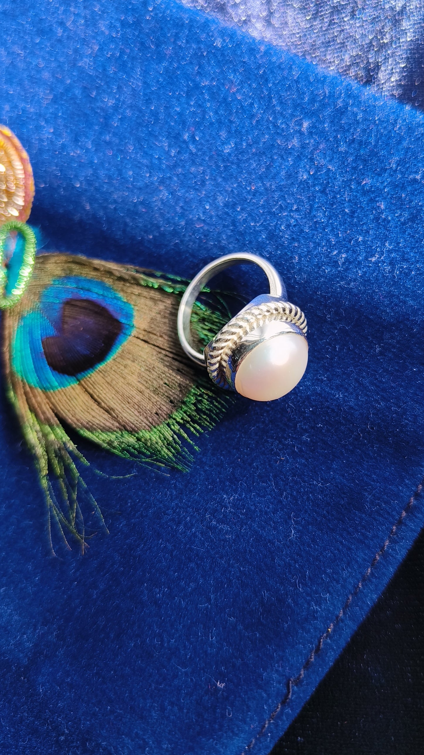 Natural South Sea White Pearl Silver Ring, Large Pearl Statement Ring