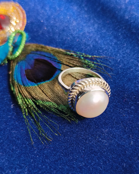 Natural South Sea White Pearl Silver Ring, Large Pearl Statement Ring