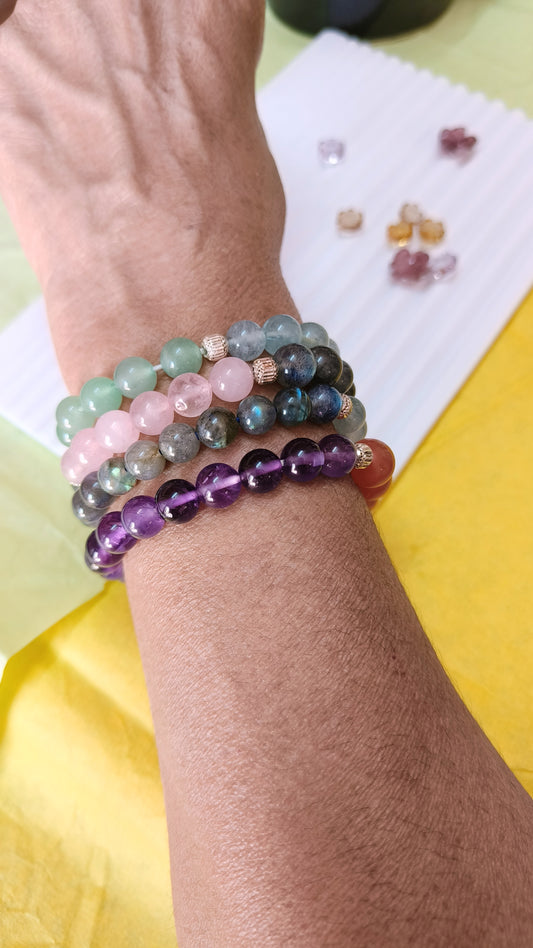 Natural Coloured Gemstone Bracelets, Half and Half Beads Bracelets, Healing Crystals Silver Bracelet