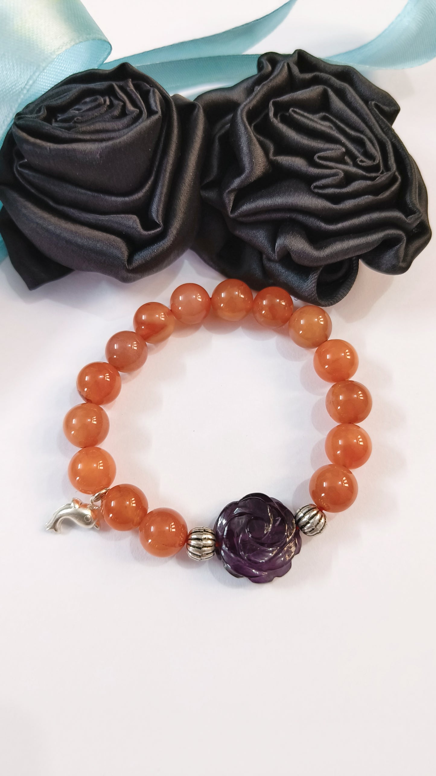 Natural Amethyst Flower Hand Carving, Carnelian Carving with Amethyst and Carnelian Beads Bracelet