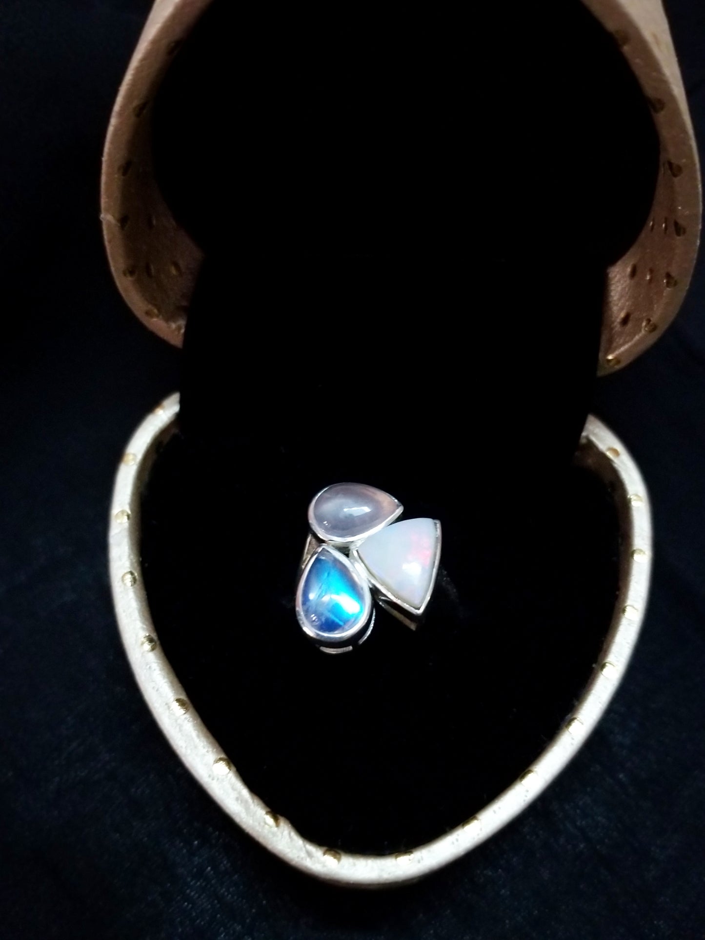 Natural Opal, Rainbow Moonstone and Rose Quartz Gemstones Ring