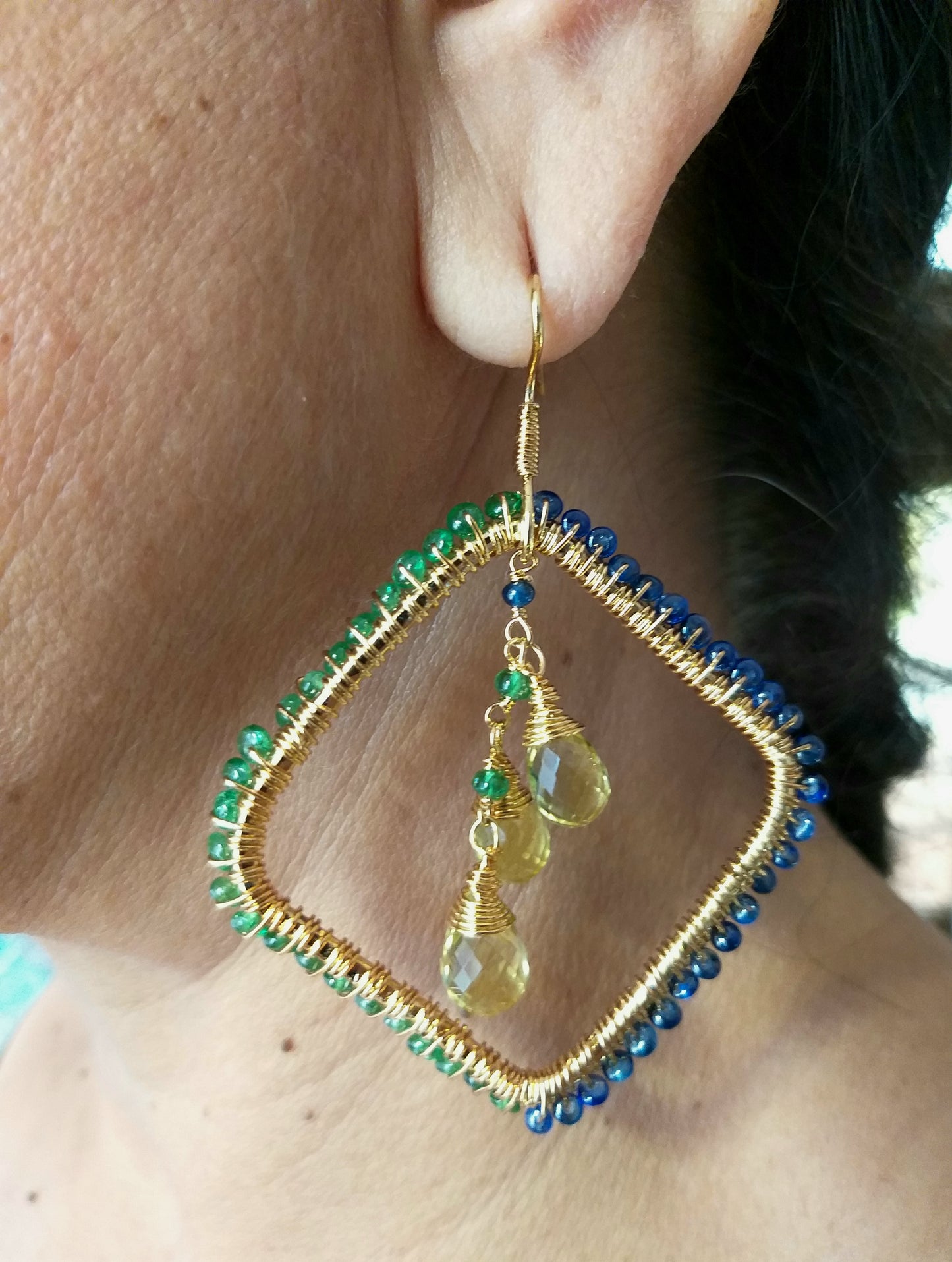 Natural Sapphire, Tsavorite Beads and Lemon Quartz Drops Large Earrings