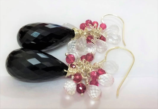 Natural Black Onyx, Rose Quartz Drops and Rubellite Beads Silver Earrings