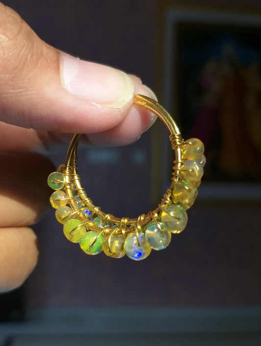 22K Gold Plated Silver Natural Ethiopian Opal Hoop Earrings, October Birthstone Jewelry