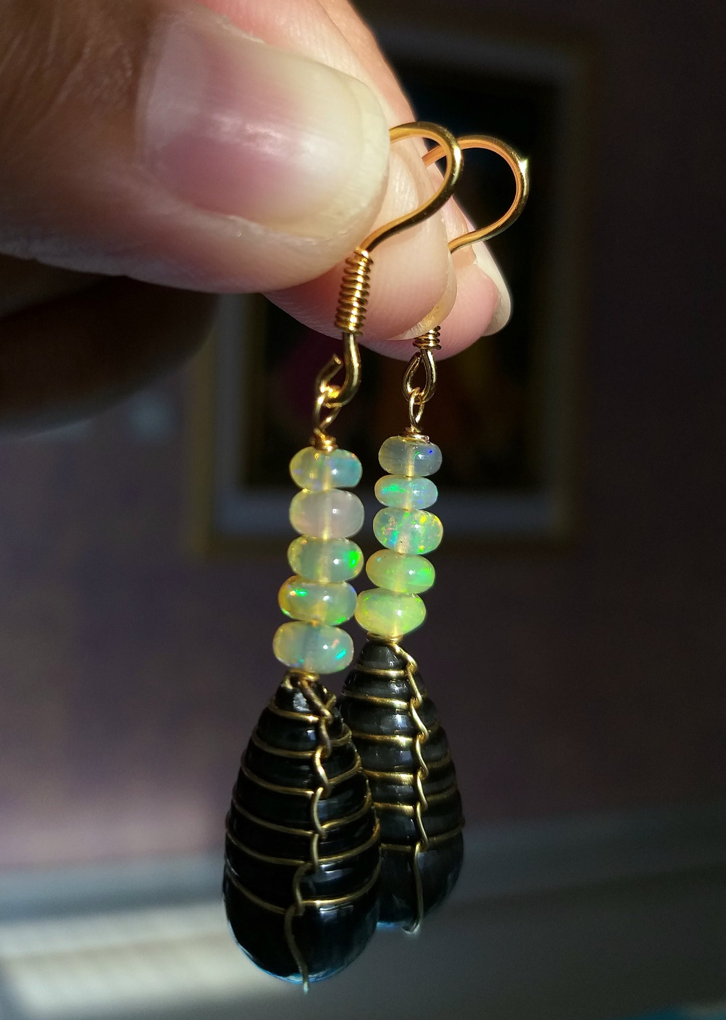 Natural Ethiopian Opal Beads and Tourmaline Drop Earrings, October Birthstone Jewelry