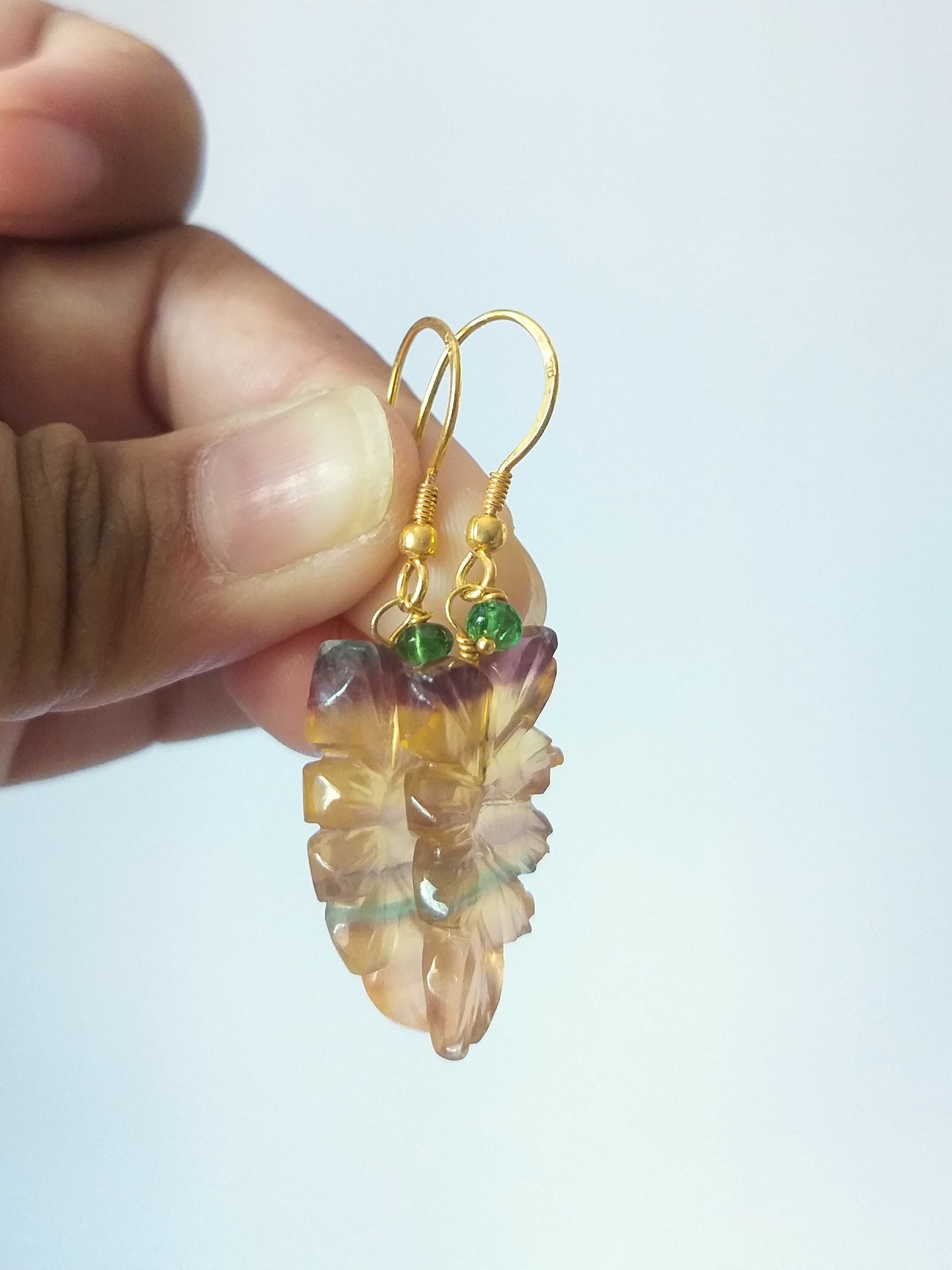 22K Gold Plated Silver Natural Hand Carved Fluorite Leaves Earrings