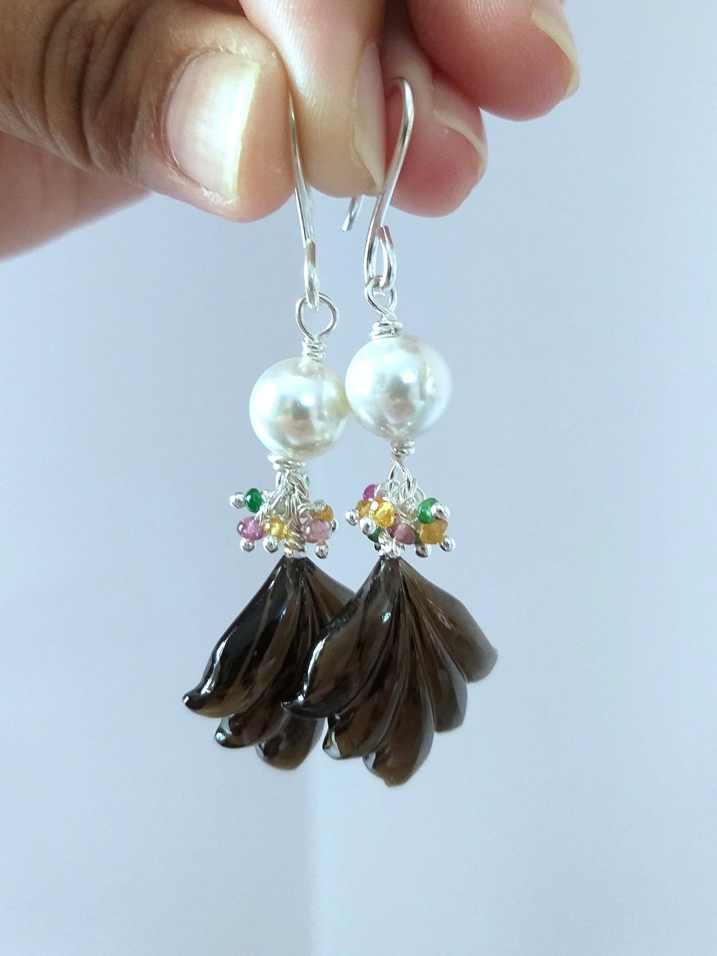 Natural Smoky Quartz Hand Carved Leaves and Pearl Earrings