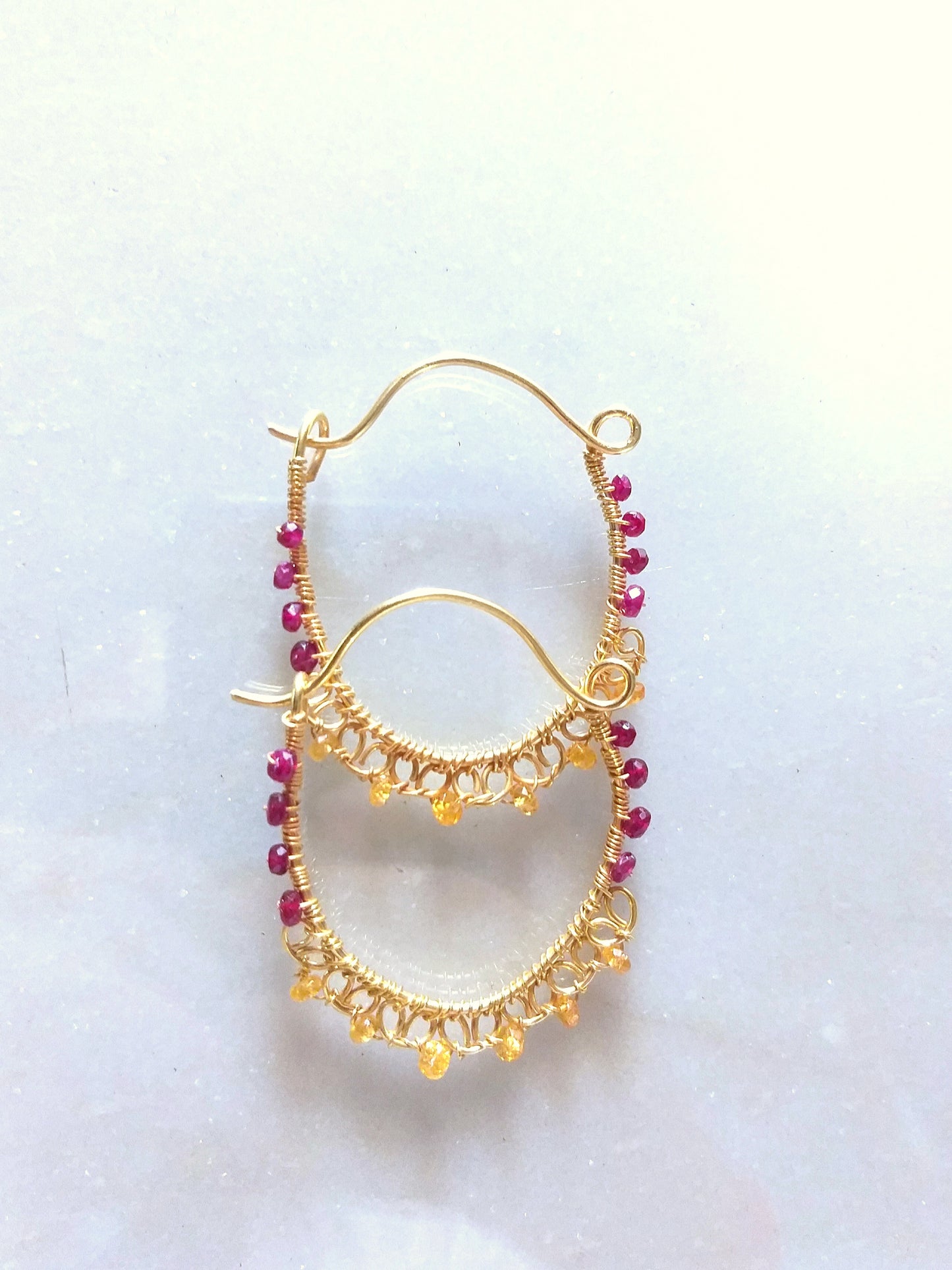 Ruby and Orange Garnet Beads Hoops, 22k Gold Micron Plated Handmade Earrings