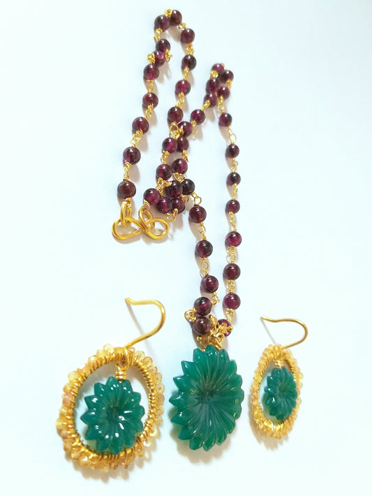 Natural Green Onyx Carving and Yellow Sapphire Gemstone Necklace and Hoops, Jewelry Set