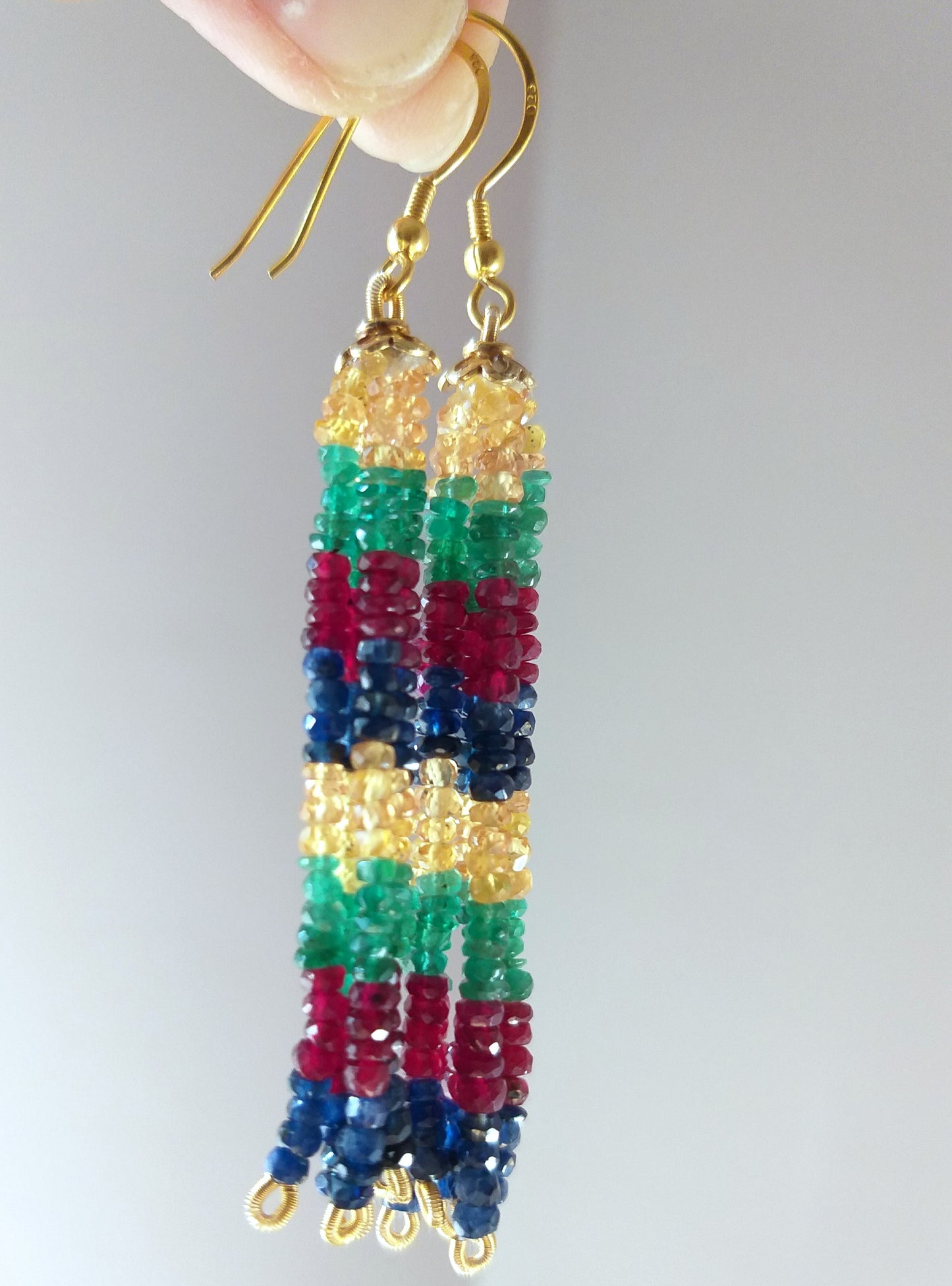 Natural Emerald, Ruby and Sapphire Beads Tassel Earrings