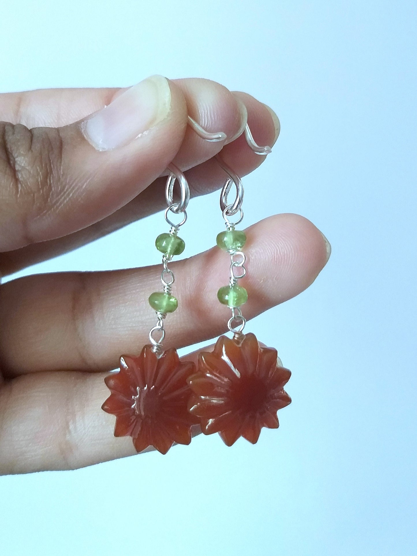 Natural Onyx Carving and Peridot Beads Earrings, August Birthstone Jewelry