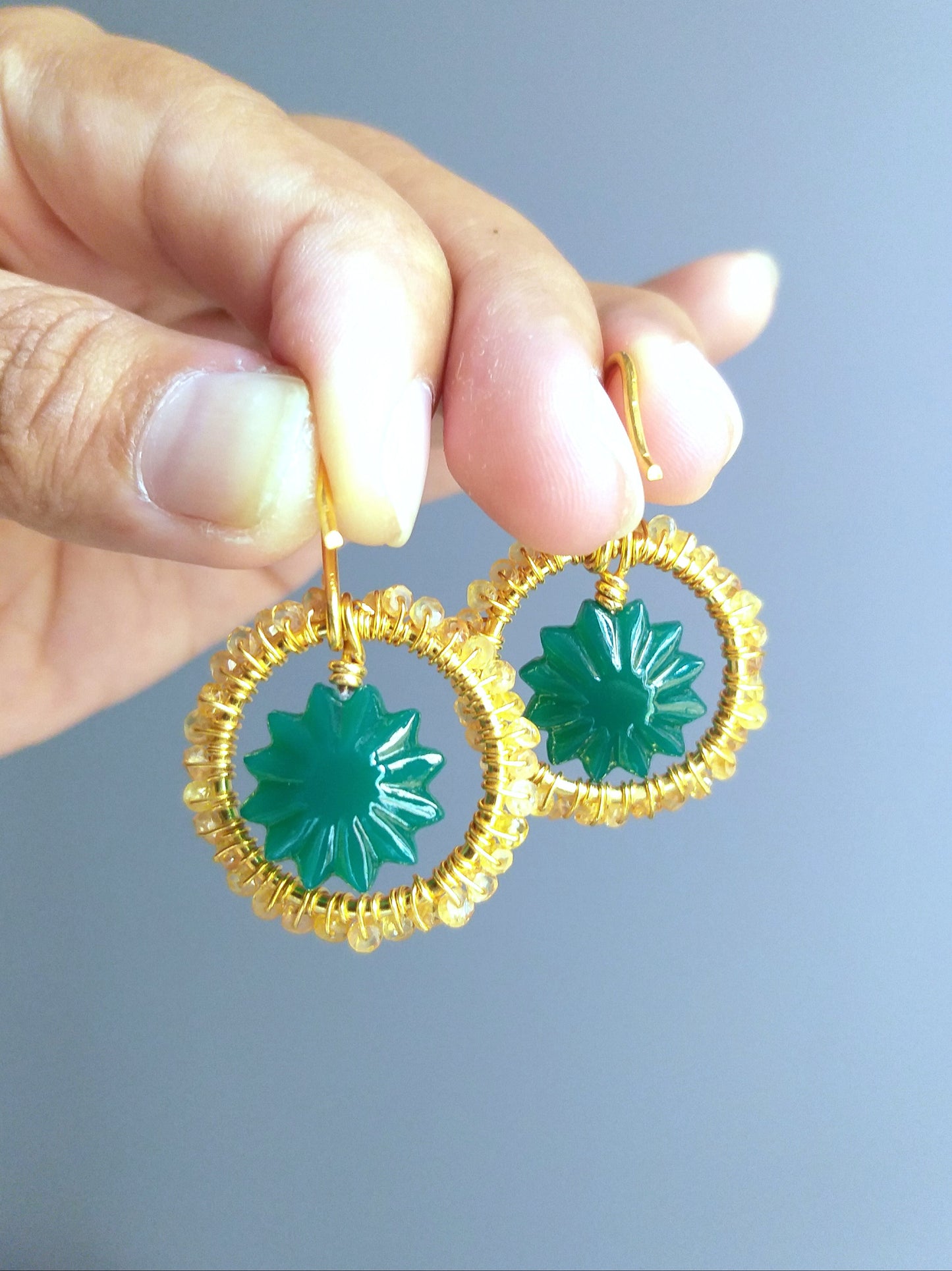 Natural Green Onyx Carving and Yellow Sapphire Gemstone Hoops