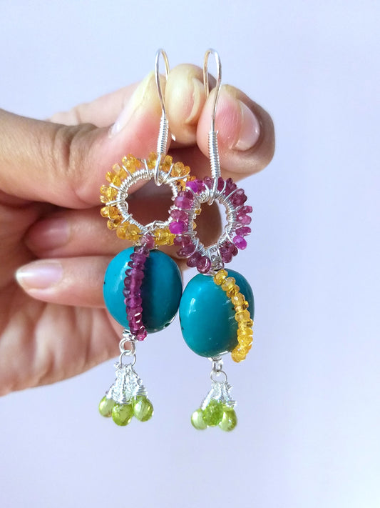 Natural Turquoise, Peridot, Rubellite and Garnet Beads Earrings