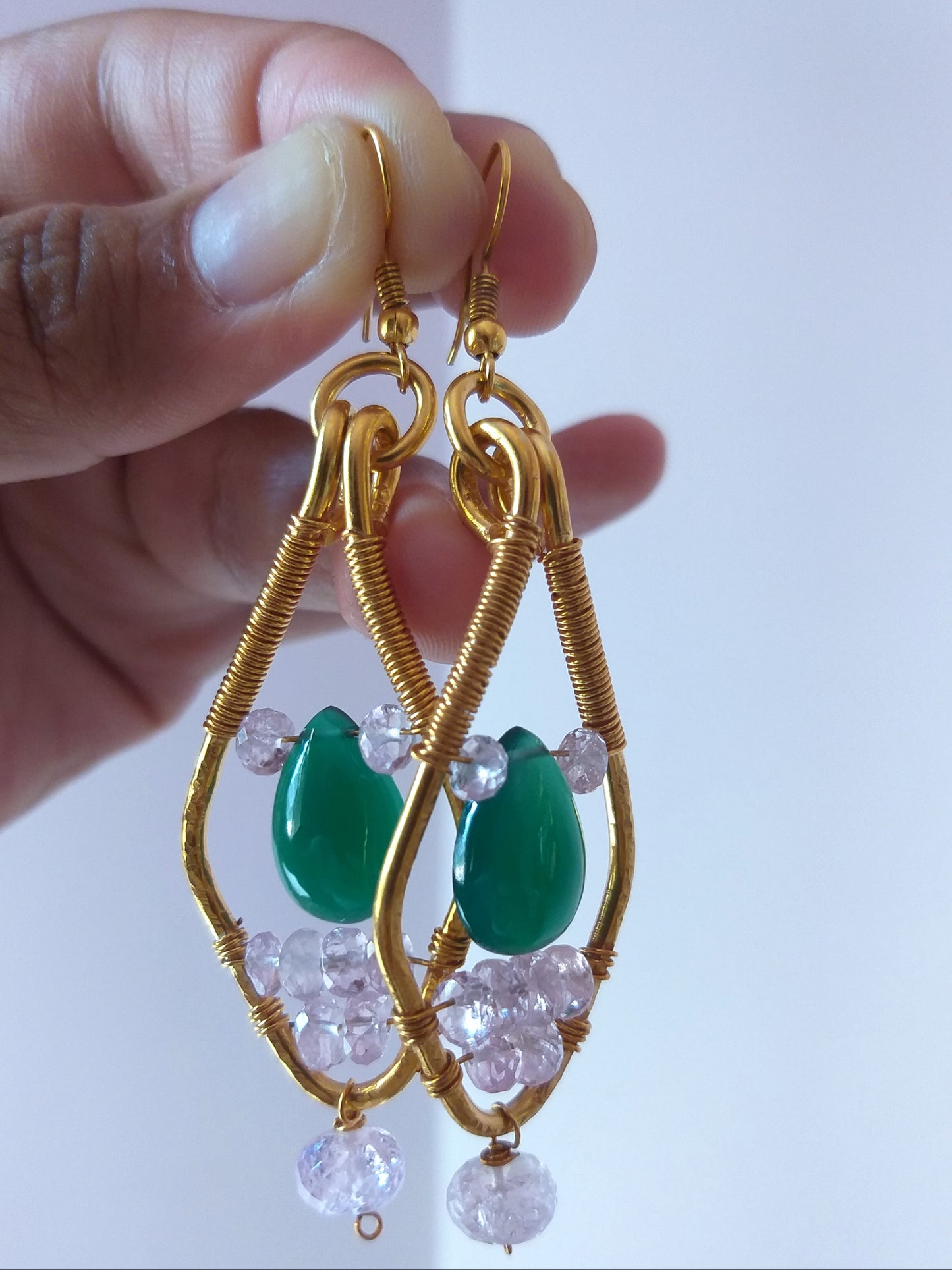 Natural Green Onyx and Round Morganite Beads Earrings