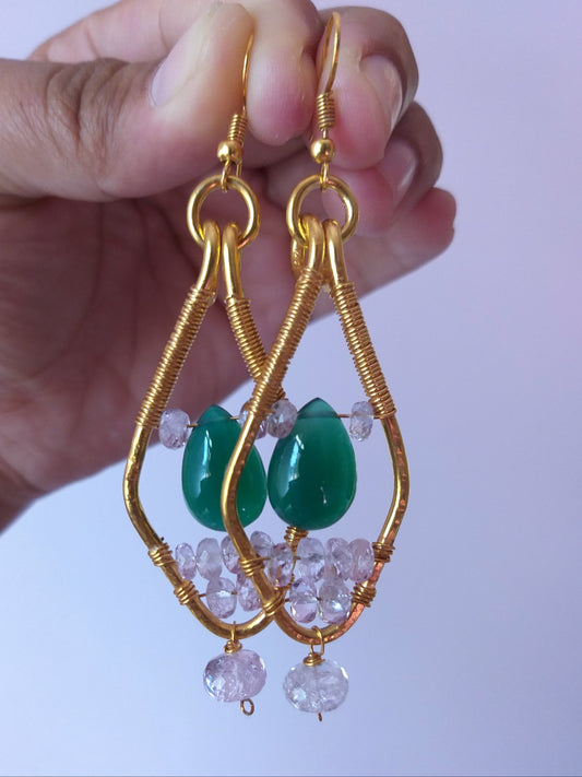 Natural Green Onyx and Round Morganite Beads Earrings