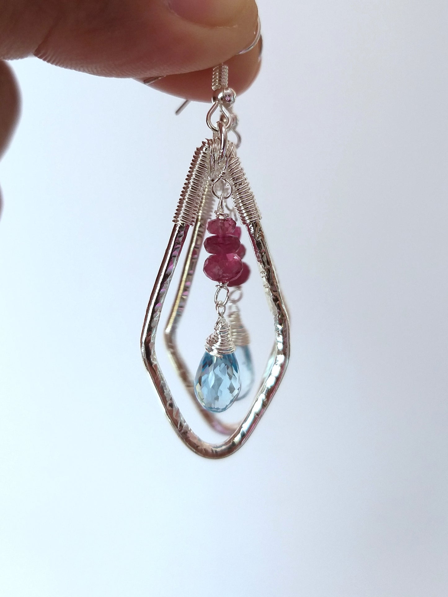 Natural Blue Topaz Drop and Rubellite Beads Earrings, Geometric Gemstone Earrings