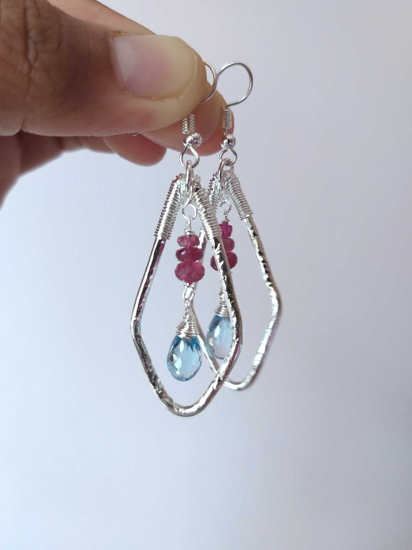 Natural Blue Topaz Drop and Rubellite Beads Earrings, Geometric Gemstone Earrings