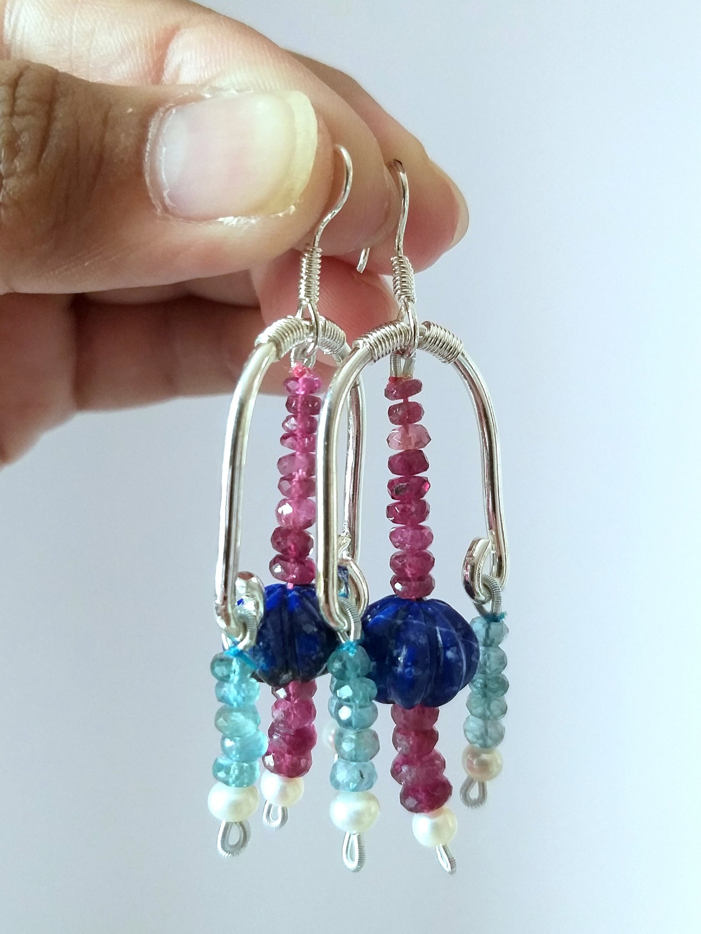 Natural Pearl, Lapis Lazuli, Apatite and Rubellite Beads Fancy Earrings