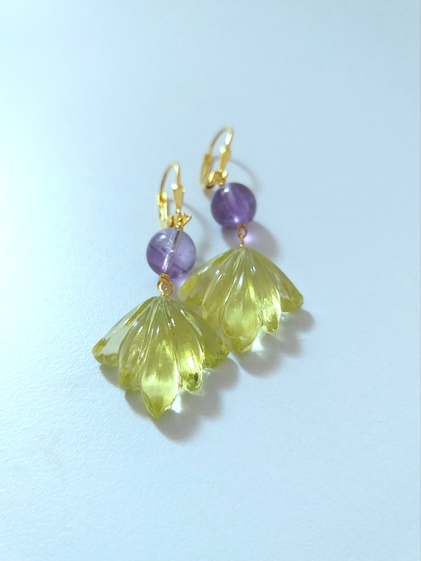 Lemon Quartz Hand Carving and Amethyst 22K Gold Plated Silver Earrings