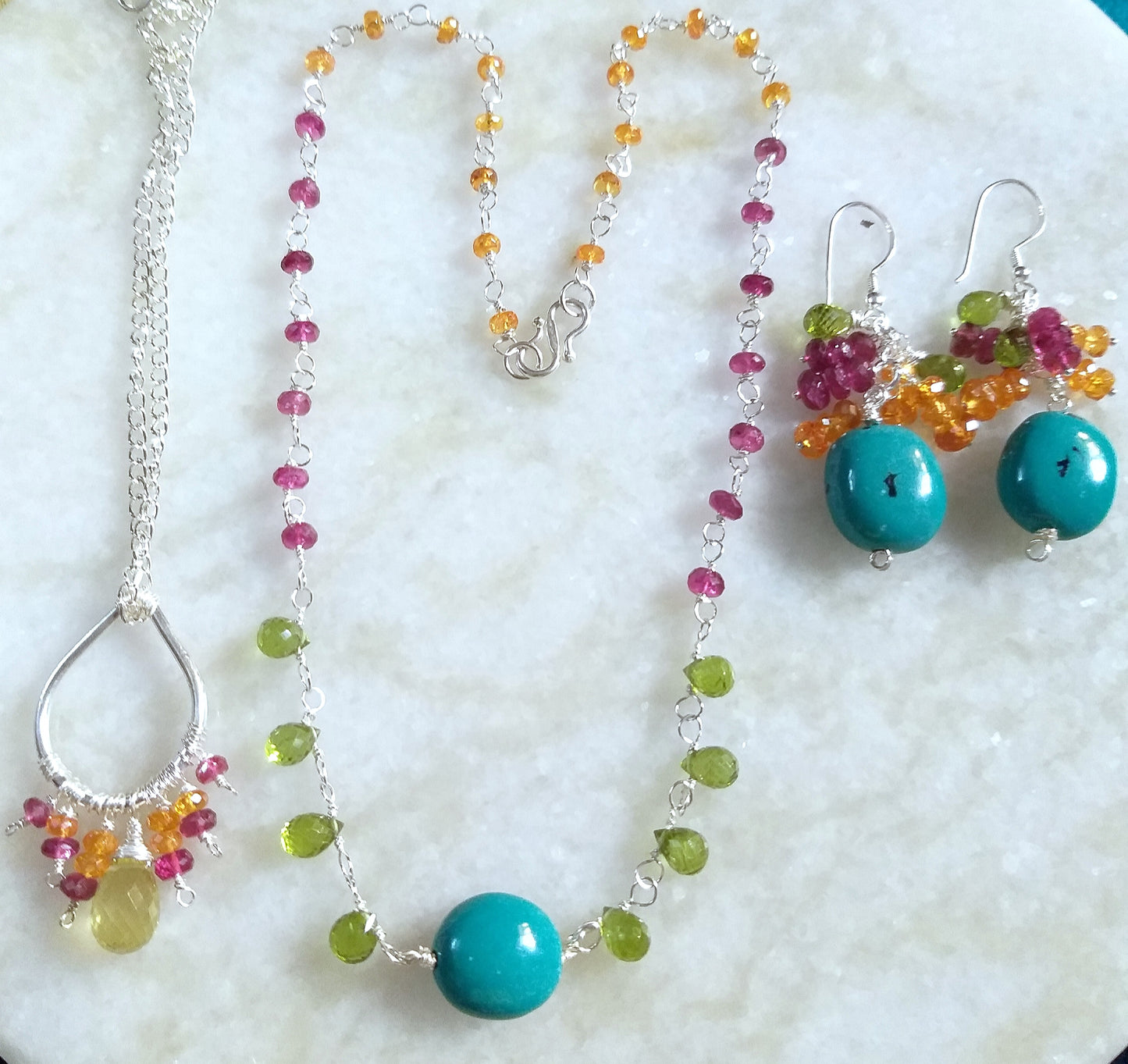 Natural Turquoise Necklace and Turquoise, Peridot, Rubellite and Garnet Silver Earrings, Multi Gemstones Jewellery Set