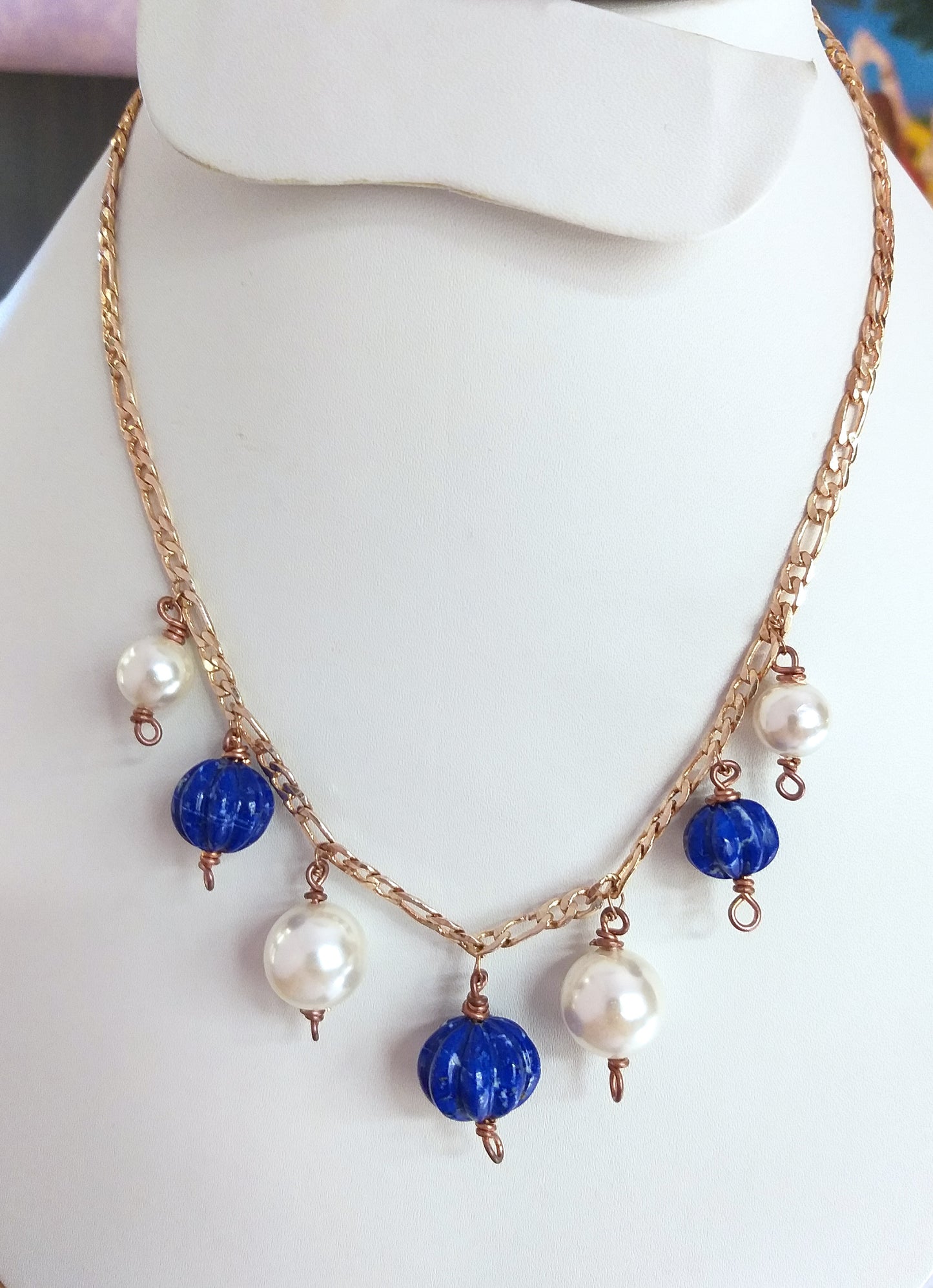 Natural Royal Deep Blue Lapis Lazuli and White Pearls Necklace and Earrings