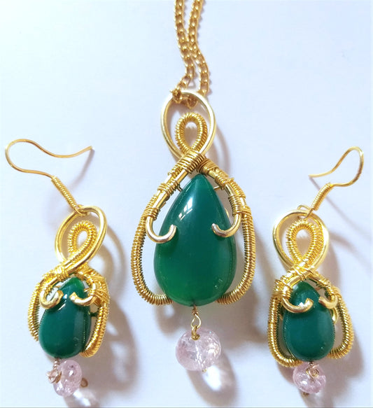Natural Green Onyx Pendant and Morganite Beads Earrings and Necklace