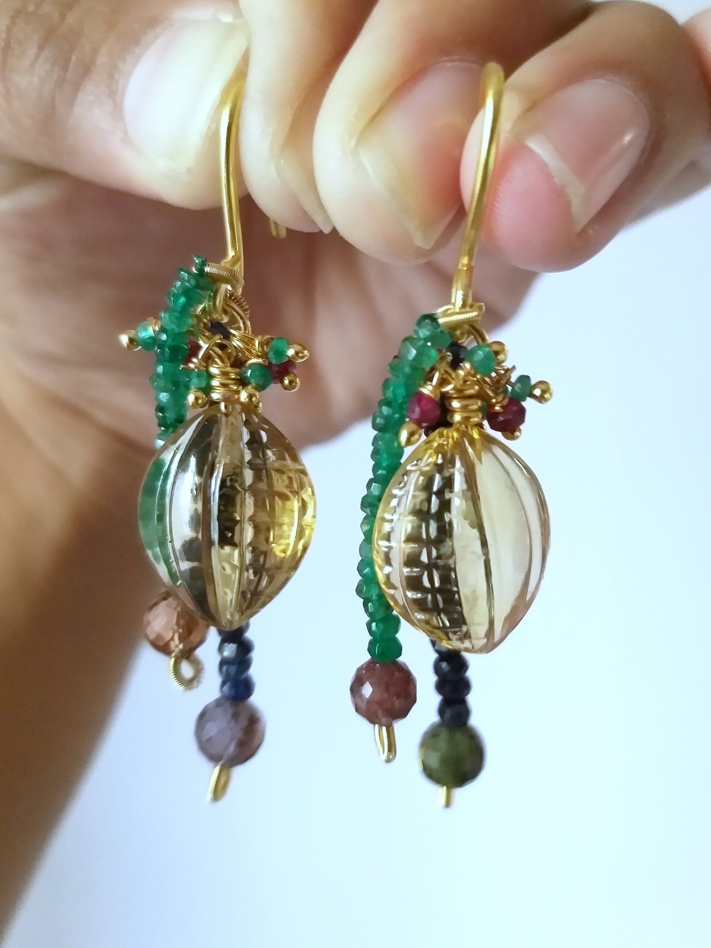 Natural Hand Carving Citrine Gemstone and Beads Statement Earrings