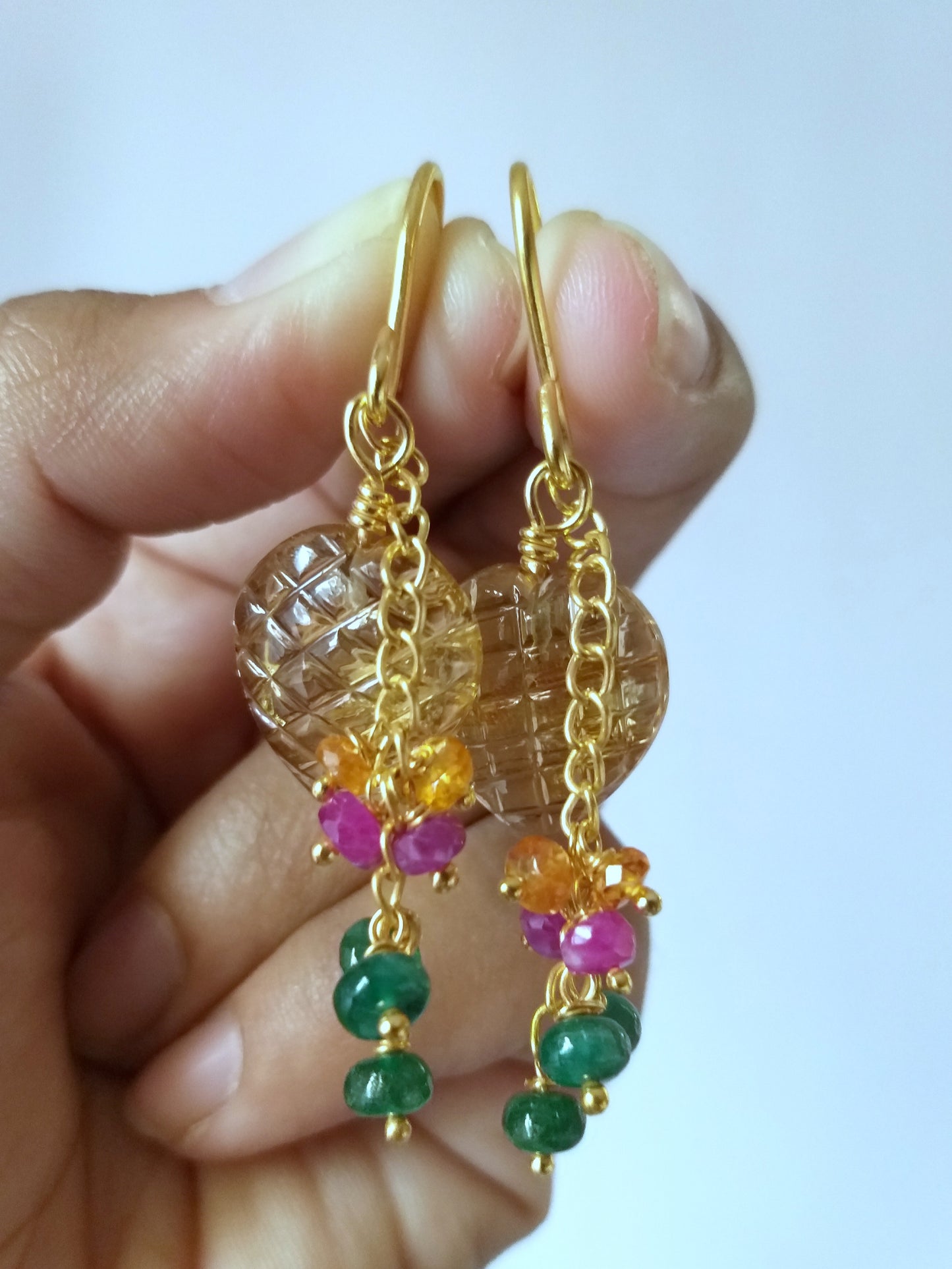 Natural Hand Carving Citrine Gemstone and Beads Detachable Statement Earrings