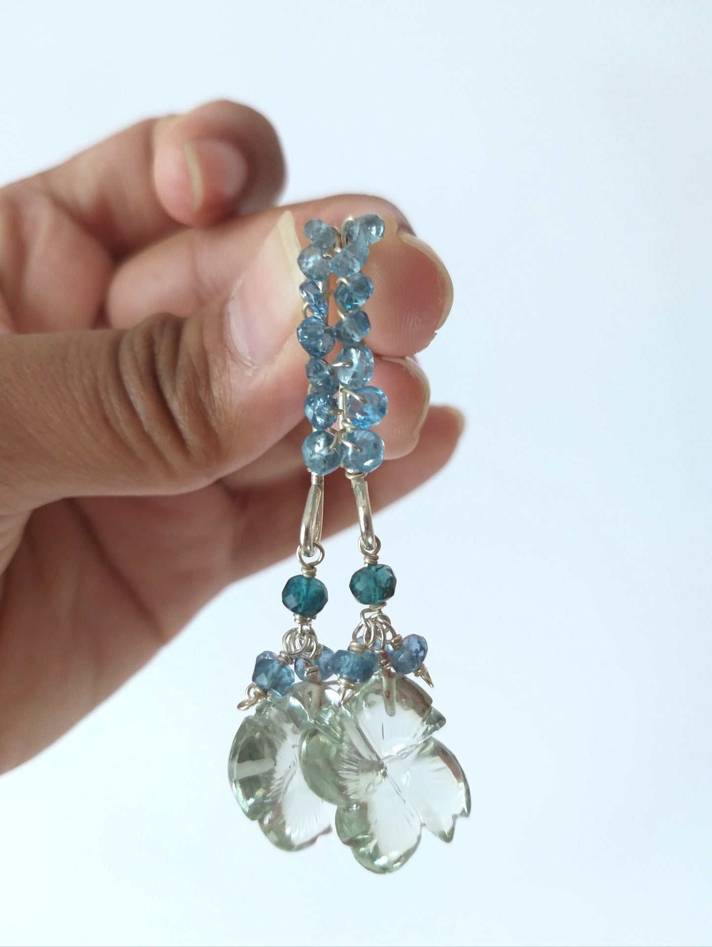 Natural Hand Carved Green Amethyst and Aquamarine Beads Earrings