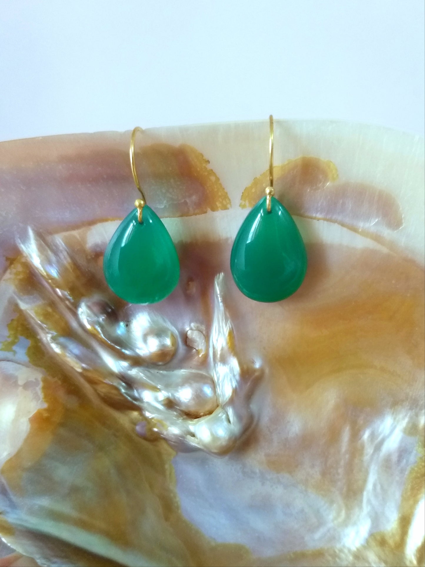 Natural Green Onyx Pear Cabochon Gemstone Earrings