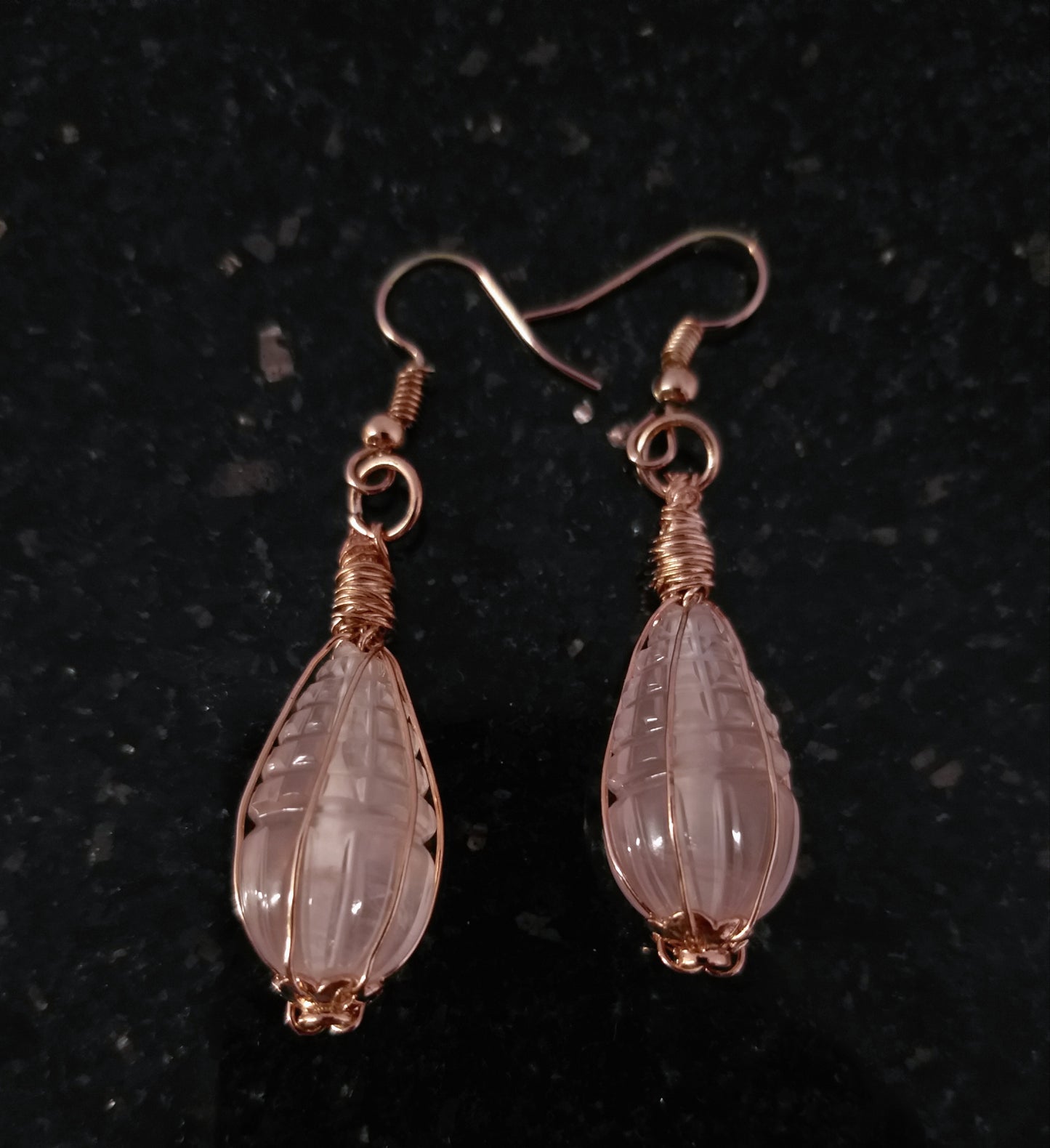 Natural Rose Quartz Hand Carved Gemstone Small Earrings, Rose Pink Earrings