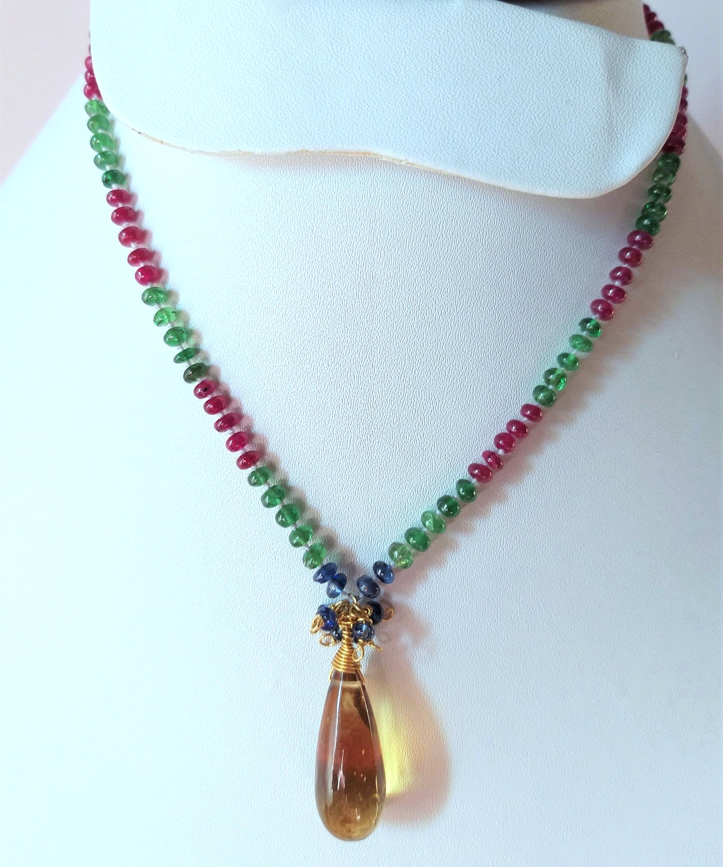 Natural Beer Quartz and Sapphire, Ruby and Tsavorite Beads Necklace