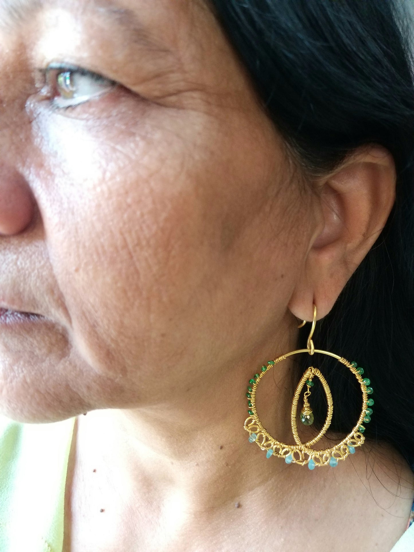 Natural Peridot, Apatite and Tsavorite Beads Hoops, Large Colourful Earrings