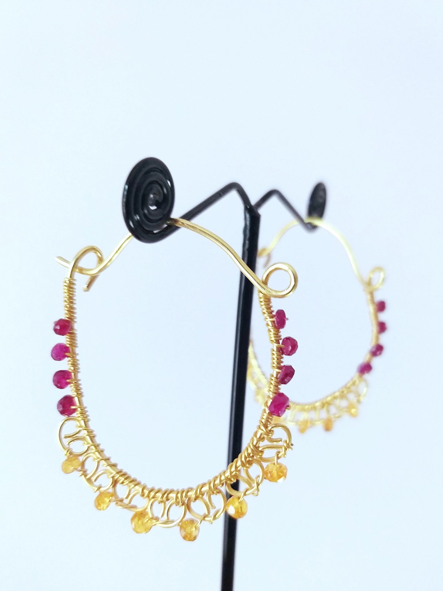 Ruby and Orange Garnet Beads Hoops, 22k Gold Micron Plated Handmade Earrings
