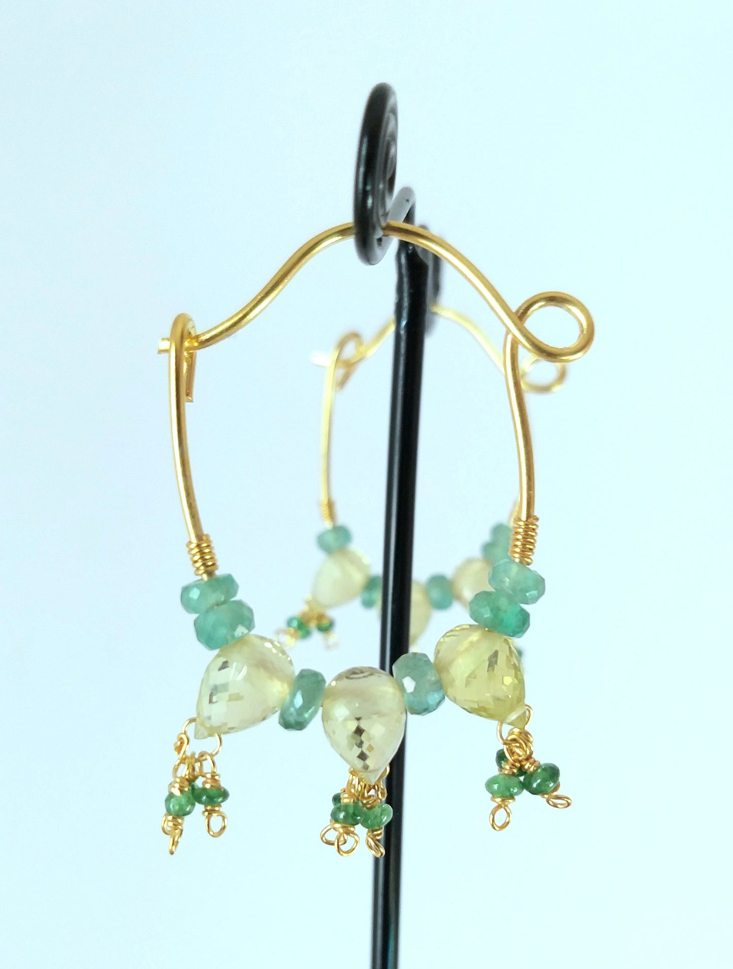 Natural Lemon Quartz, Zambian Emerald and Tsavorite Hoop Earrings