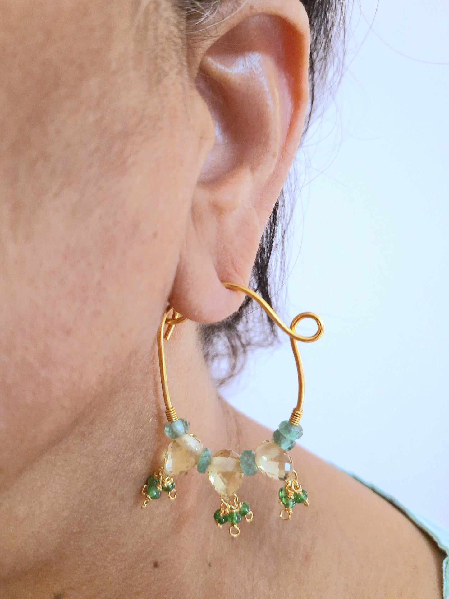 Natural Lemon Quartz, Zambian Emerald and Tsavorite Hoop Earrings