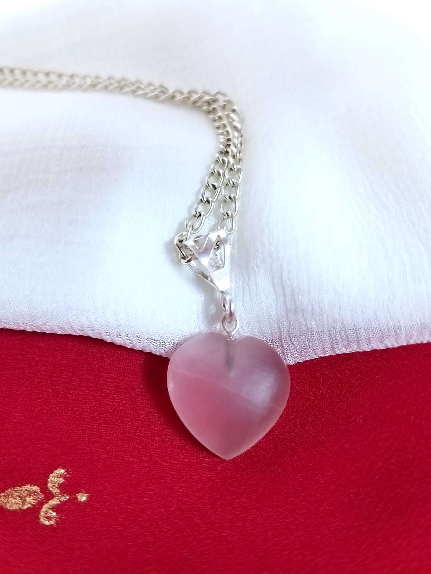 Natural Rose Quartz Heart Silver Pendant