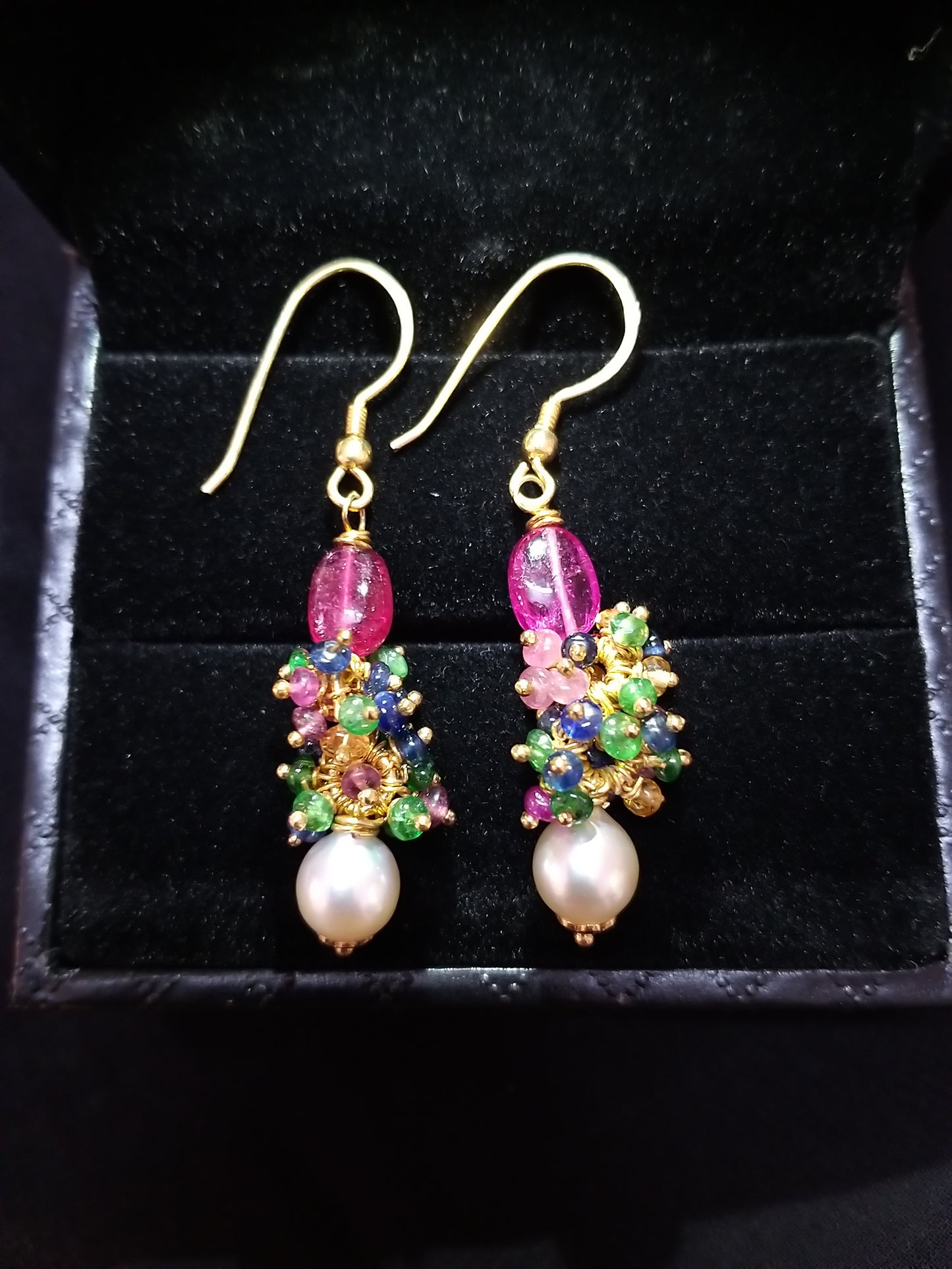 22K Gold Plated Silver Natural Pearl and Rubellite Gemstone Beads Earrings