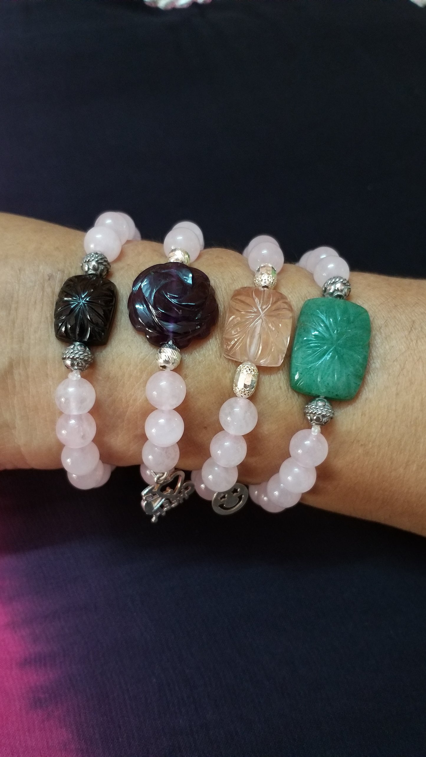 Natural Green Jade Hand Carved Gemstone and Rose Quartz Beads Bracelet