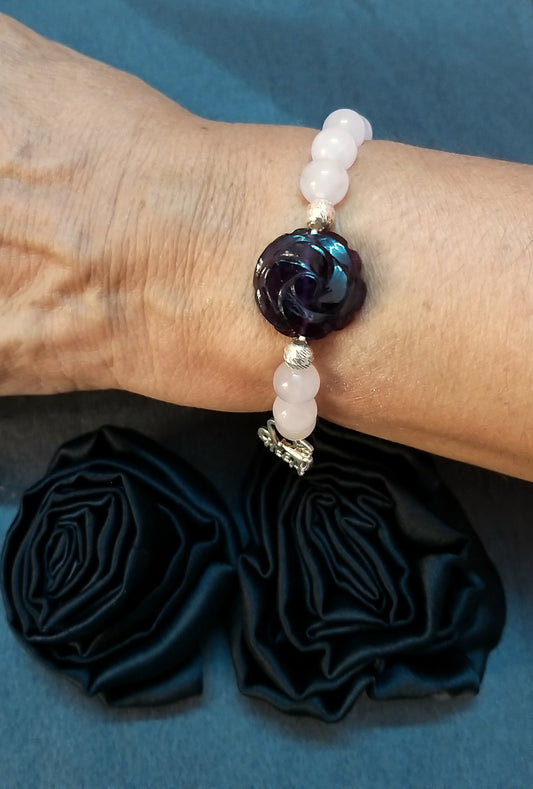Natural Amethyst Flower Hand Carving and Rose Quartz Beads Bracelet