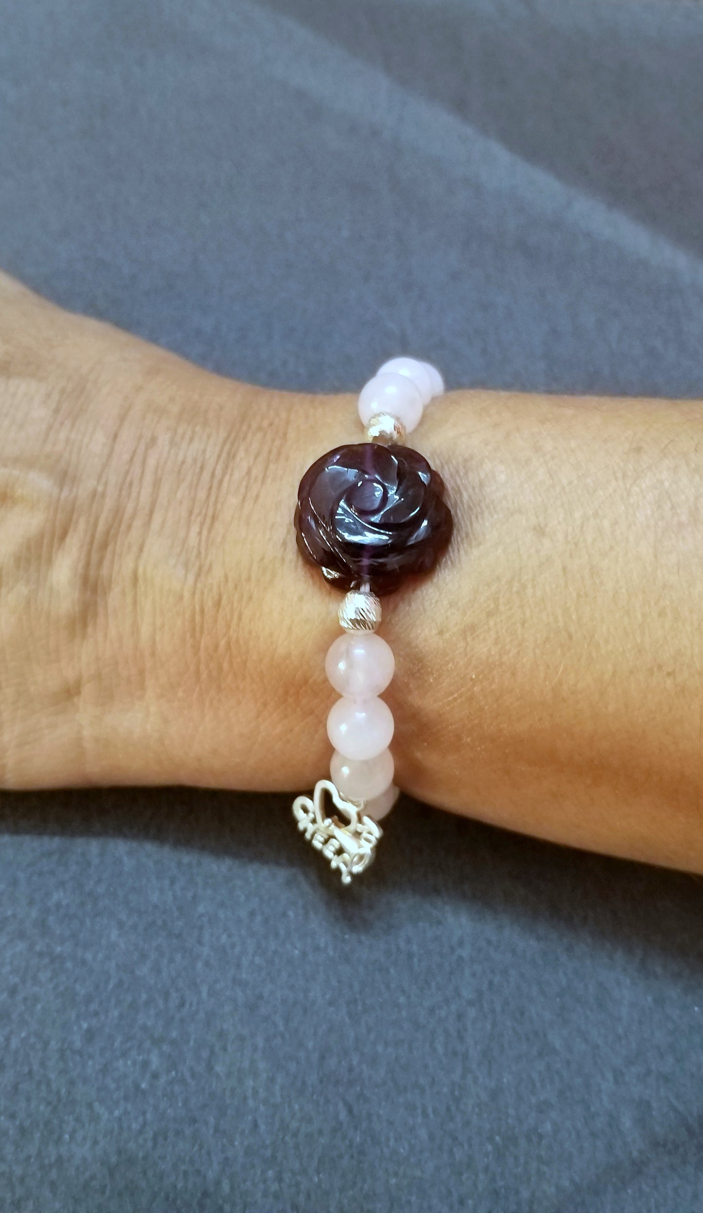 Natural Amethyst Flower Hand Carving and Rose Quartz Beads Bracelet