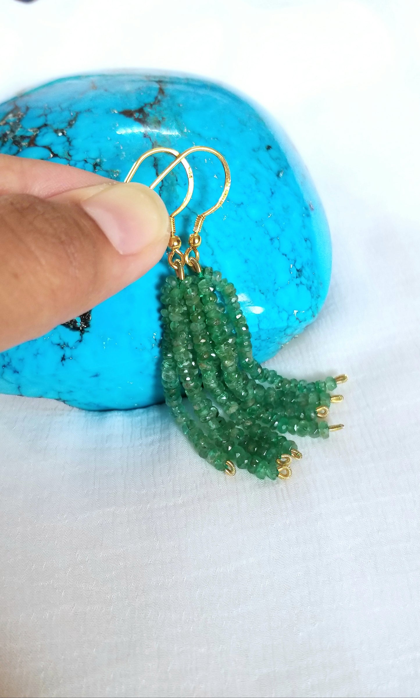 Natural Zambian Emerald Beads Earrings, Precious Green Small Beads Tassels