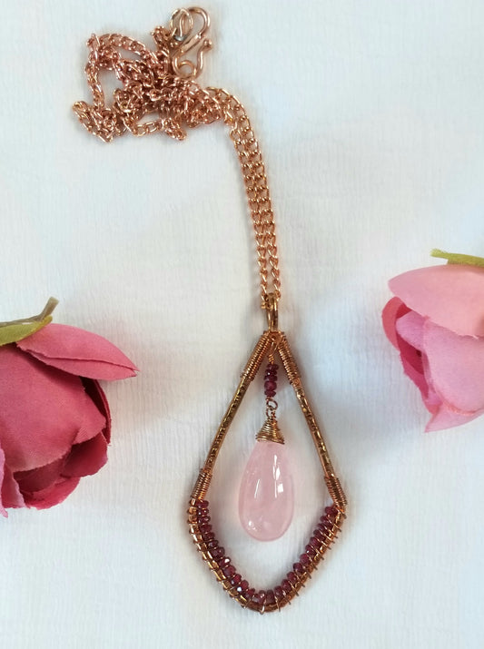 Natural Rose Quartz Drop and Ruby Beads Pendant
