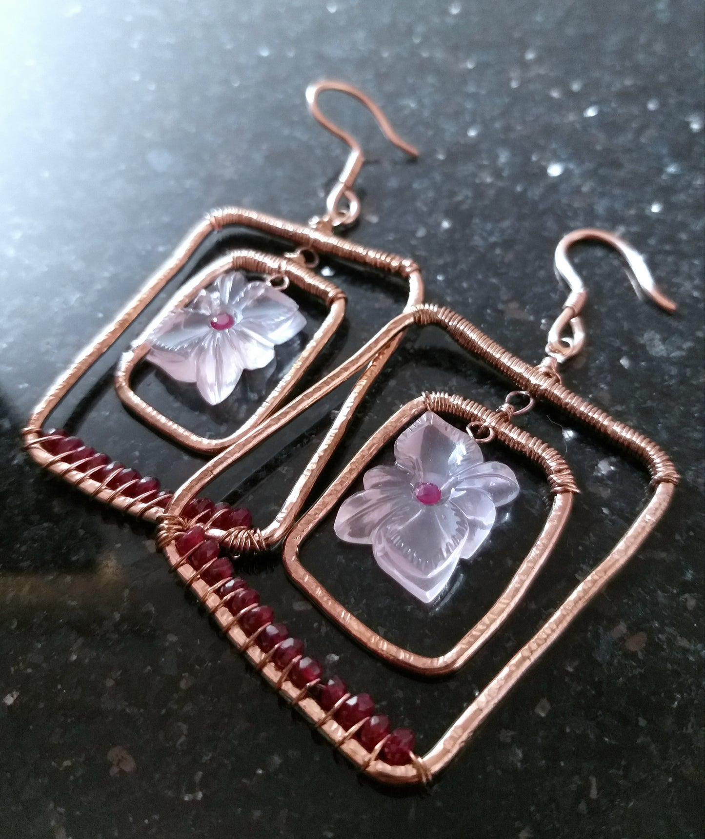 Natural Rose Quartz Carving and Ruby Beads Statement Large Earrings