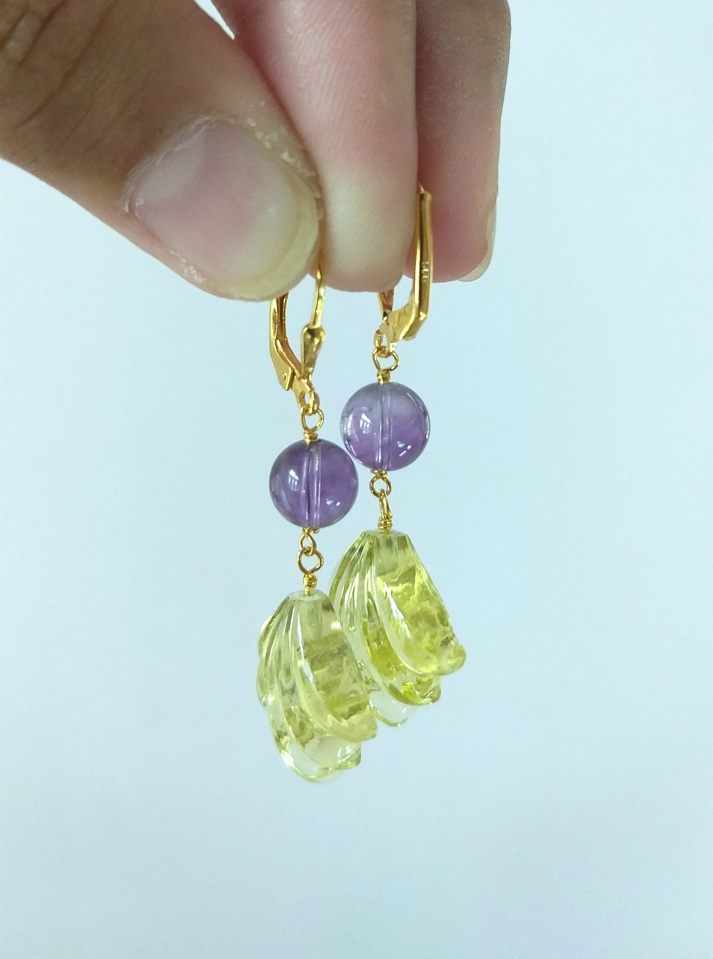 Lemon Quartz Hand Carving and Amethyst 22K Gold Plated Silver Earrings