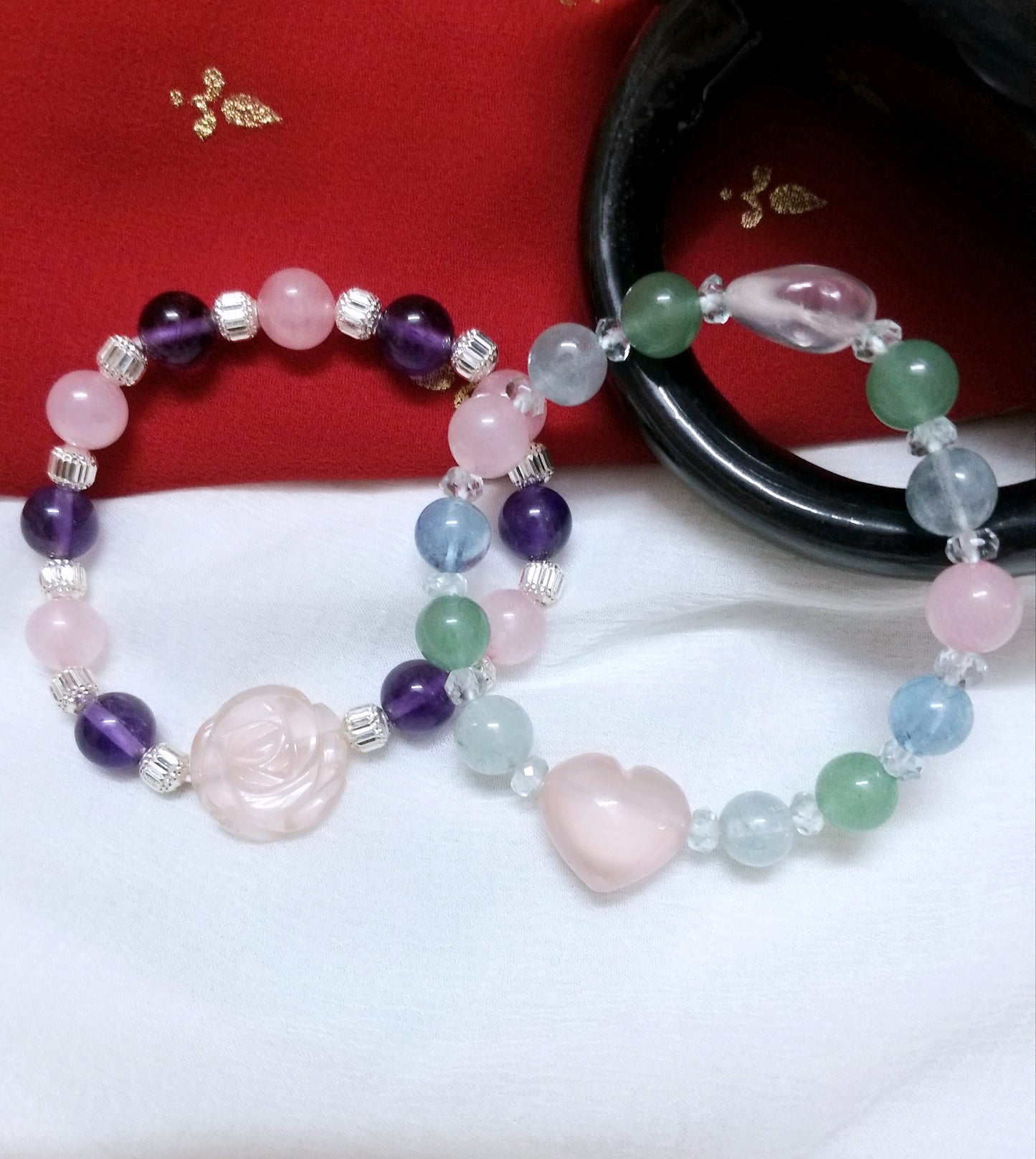 Natural Rose Quartz Heart, Aquamarine and Green Aventurine Beads Bracelet, Multi Gemstones Bracelet