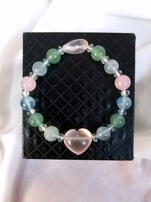 Natural Rose Quartz Heart, Aquamarine and Green Aventurine Beads Bracelet, Multi Gemstones Bracelet