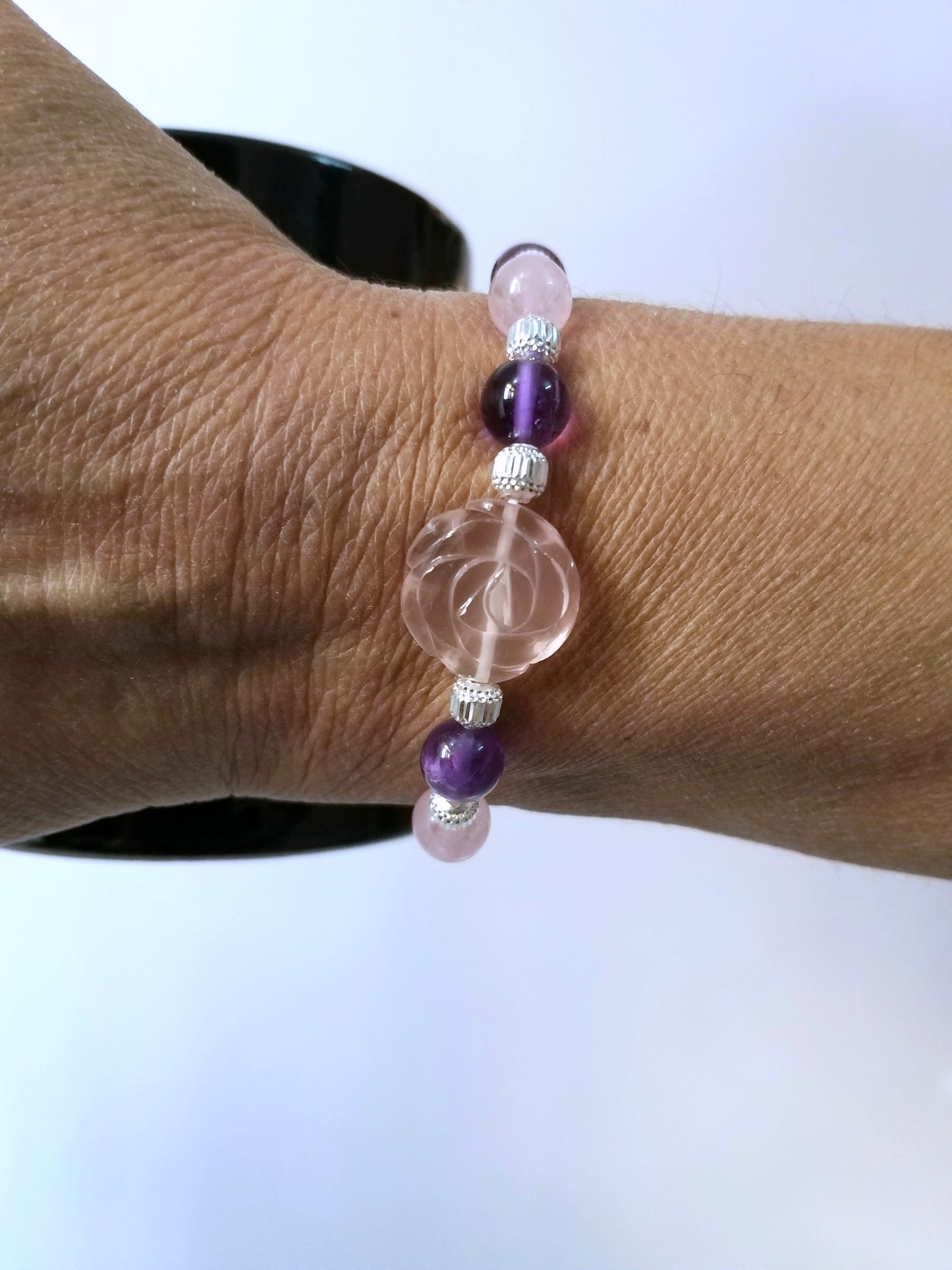 Natural Rose Quartz Flower, Amethyst and Rose Quartz Beads Bracelet, Multi Gemstones Bracelet