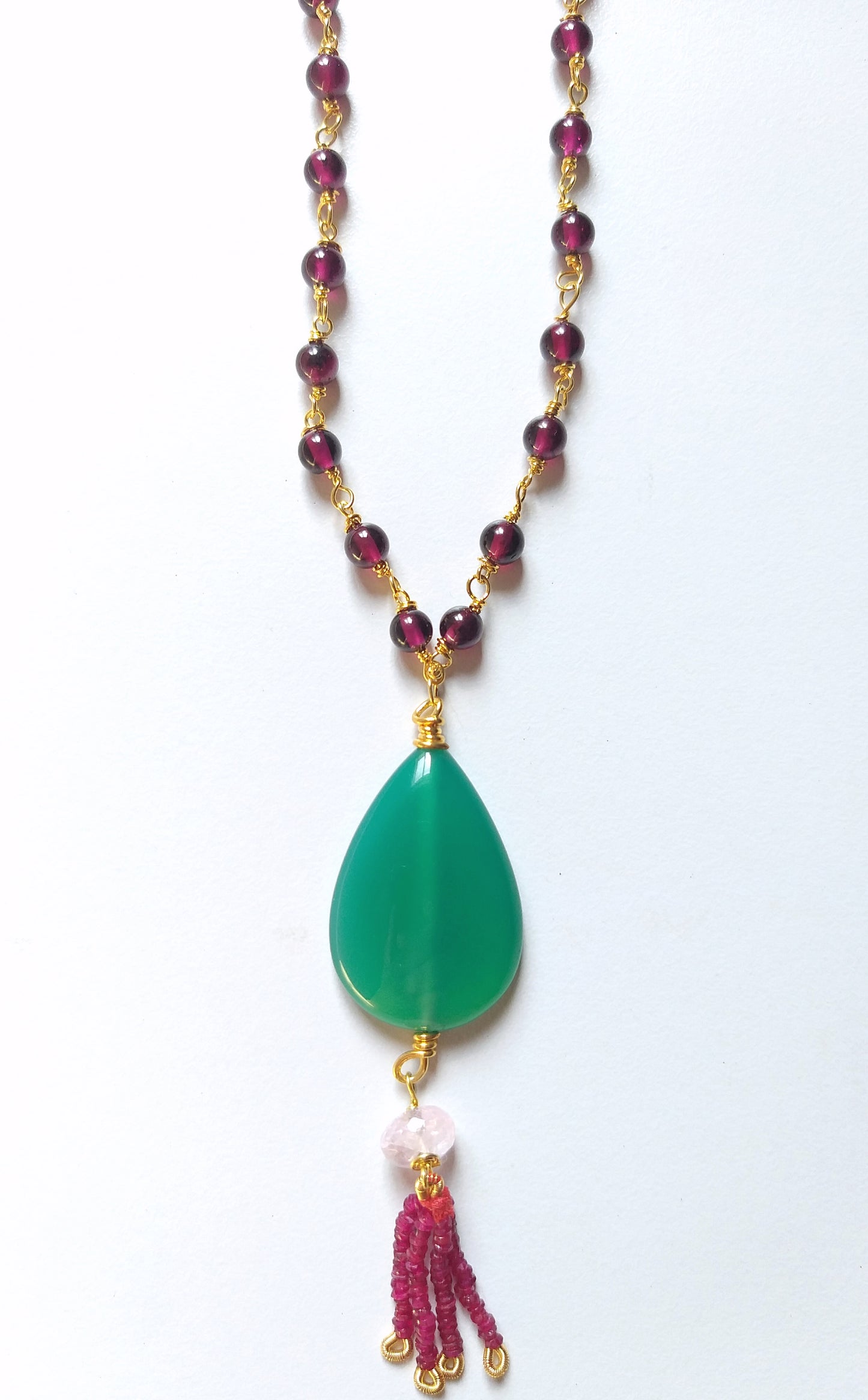 Natural Green Onyx Gemstone, Morganite, Ruby Earrings and Garnet Beads Necklace